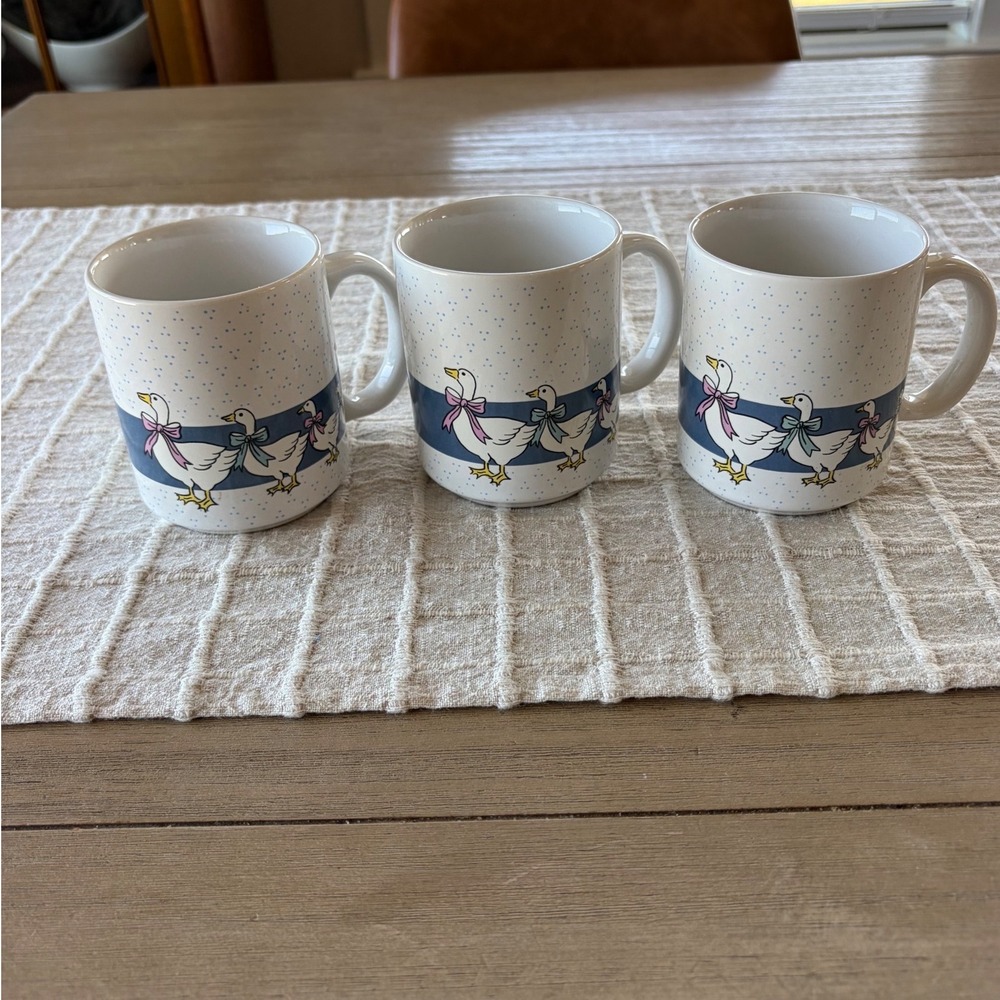 Vintage 80s Blue Ribbon Ducks blue pink coffee mugs set of 3 cottage core granny